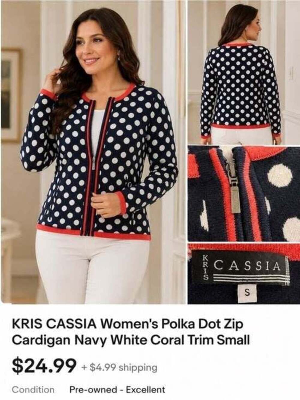 Kris Cassia Navy and White Polka Dot Zip Jacket with Coral Trim Small - Picture 5 of 7